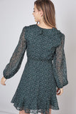 Forest green dress with sheer sleeves, cinched waist, and ruffle hem S-L
