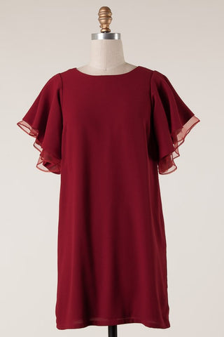 Flutter sleeve crimson dress with back zipper in S-L