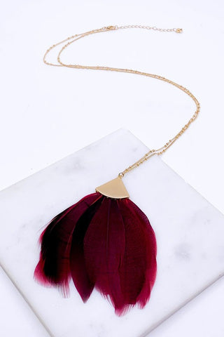 Burgundy feather necklace 32”