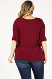 Plus size top in crimson with 3/4 flare sleeves