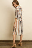 Tan and blue striped shirt dress with sash tie belt