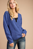 Long sleeve v-neck cobalt blue sweater with scallop detail in S/M-M/L