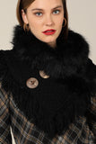 Black wrap with soft faux fur with frayed fringe and wood button accent