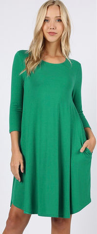 Kelly Green 3/4 sleeve dress in sizes S-XL