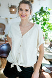 Cream short sleeve top with button detail and tie front S-L