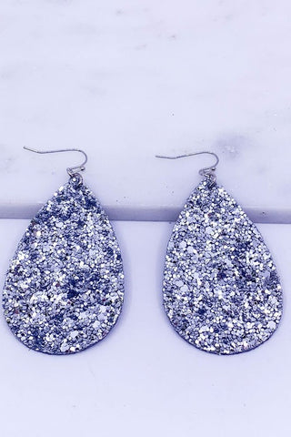 Silver Glitter Encrusted Teardrop Earrings