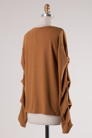 Long Sleeve top with draped sleeve detail in camel S-L