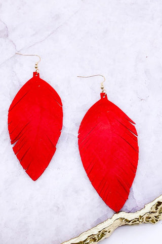 Genuine leather fringe earrings in Red
