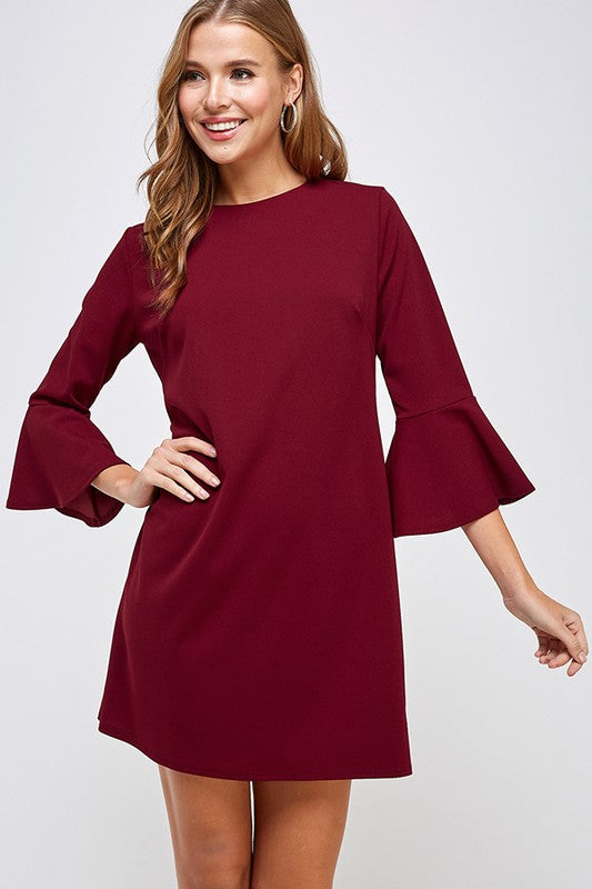 Burgundy Bell Sleeve Shift Dress in Sizes S-L Blushing Betty Burgundy Bell Sleeve Shift Dress in Sizes S-L Blushing Betty