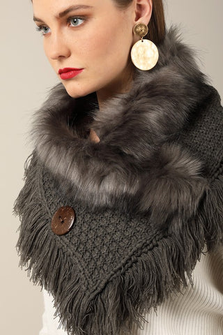 Grey basket weave and soft faux fur with frayed fringe and wood button accent wrap