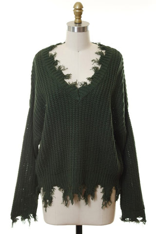 Distressed fringe hunter green sweater in sizes S-L