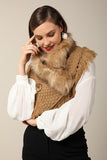 Taupe basket weave and soft faux fur with frayed fringe and wood button accent wrap
