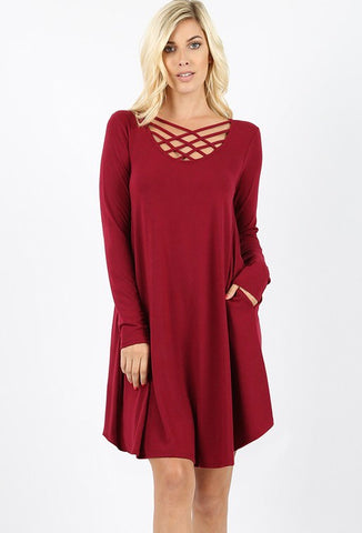 Long sleeve Crimson dress with lattice detail in S-XL