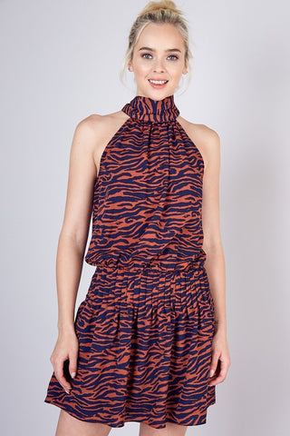 Blue and Orange tiger stripe halter neck dress S-L