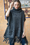 Warm & Cozy turtleneck poncho with fringe accent in charcoal