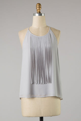 Sleeveless top with fringe detail in silver S-M