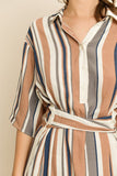 Tan and blue striped shirt dress with sash tie belt