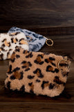 Fluffy animal print faux fur coin purse with zipper and key chain ring in taupe