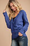 Long sleeve v-neck cobalt blue sweater with scallop detail in S/M-M/L