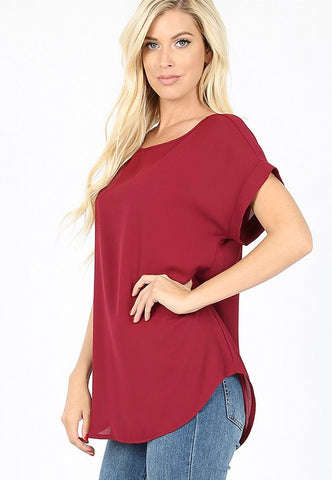 Cabernet top with rolled sleeves in S-XL