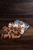Fluffy animal print faux fur coin purse with zipper and key chain ring in taupe