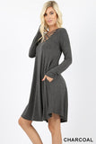 Long sleeve charcoal dress with lattice detail in S-XL