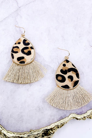 Animal print drop earrings with fringe