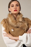 Taupe basket weave and soft faux fur with frayed fringe and wood button accent wrap