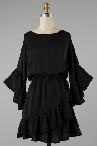 Black dress with ruffle bell sleeves in sizes S-L