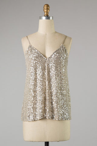 CHAMPAGNE SEQUIN TOP in S-L